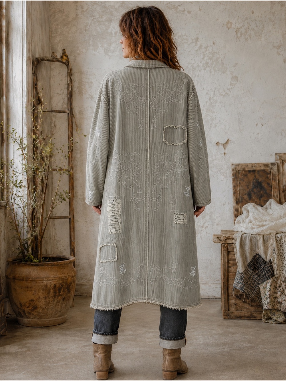 POL Clothing Distressed Pinstripe Duster Coat Boho Grunge Jacket M Art to wear - Picture 3 of 14